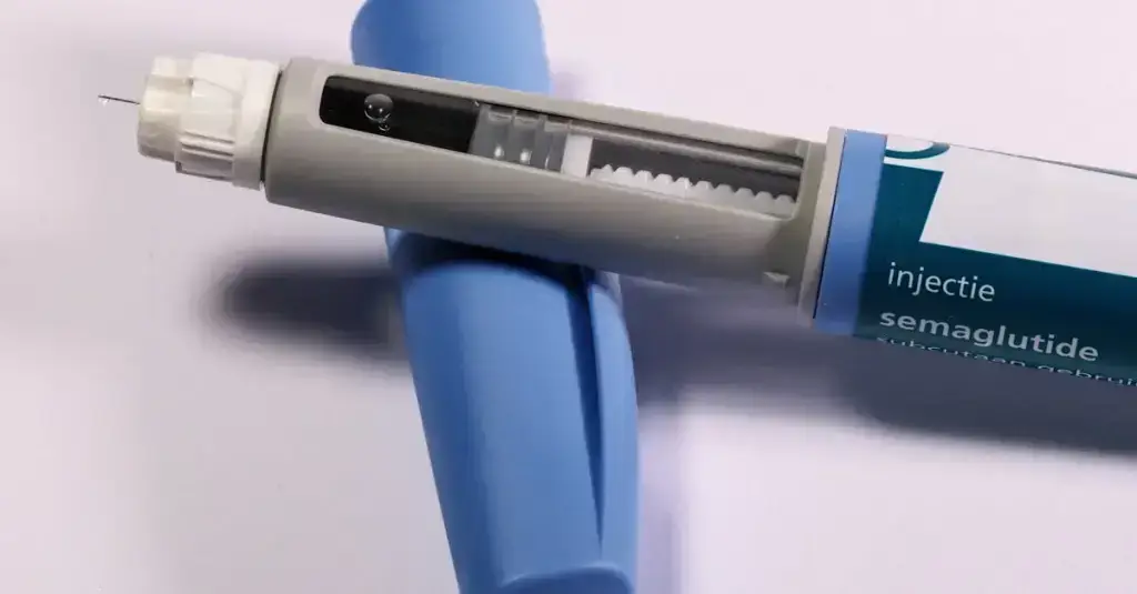 A person injecting a subcutaneous medication pen into their abdomen, close-up of hands with blurred background, medical procedure concept, clean clinical setting, realistic photography