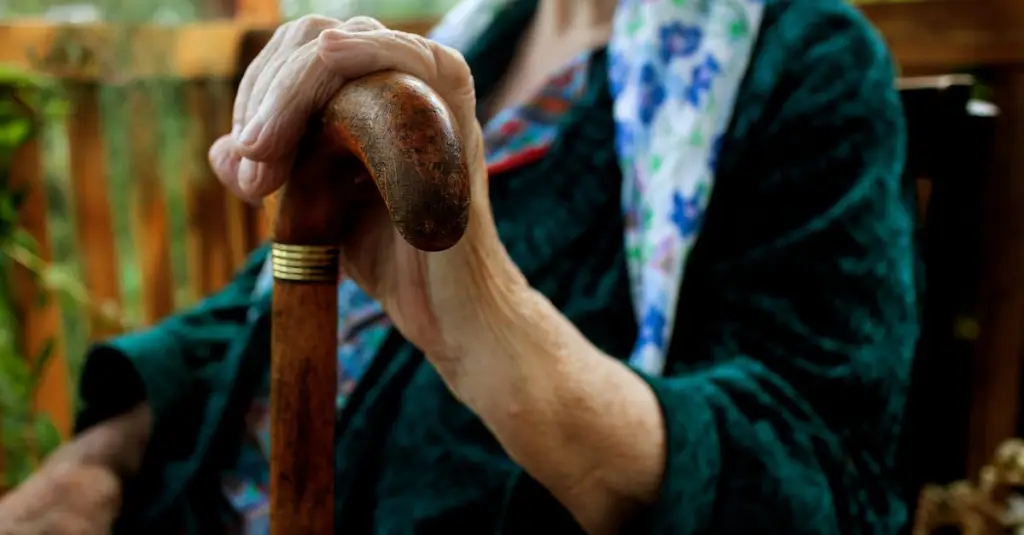 A close-up of an elderly woman's hands holding a photo album, a younger caregiver sitting beside her pointing at old photographs, soft indoor lighting, emotional and supportive atmosphere, realistic photography