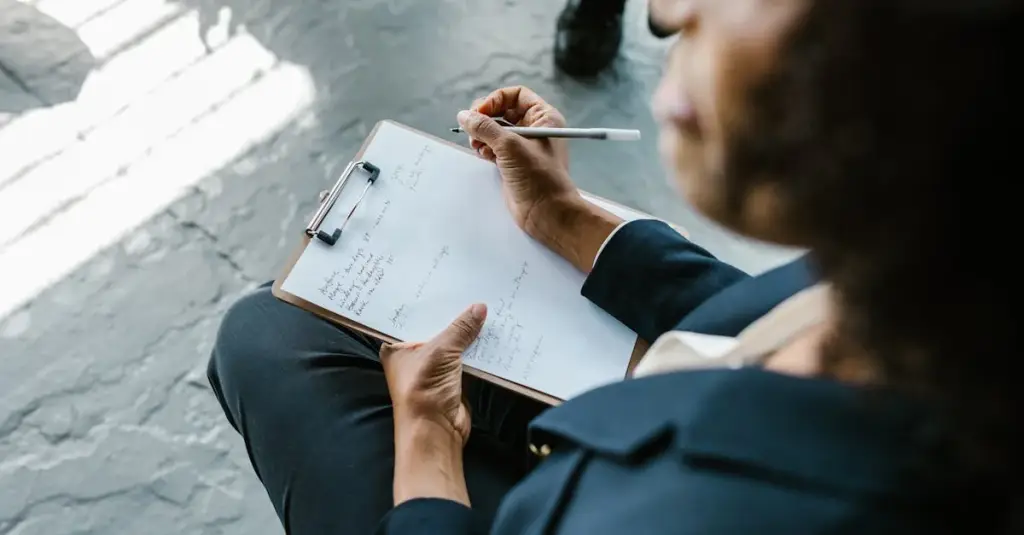 A psychologist taking notes during a clinical consultation with a patient, calm and professional office environment, mental health diagnosis concept, realistic stock photo